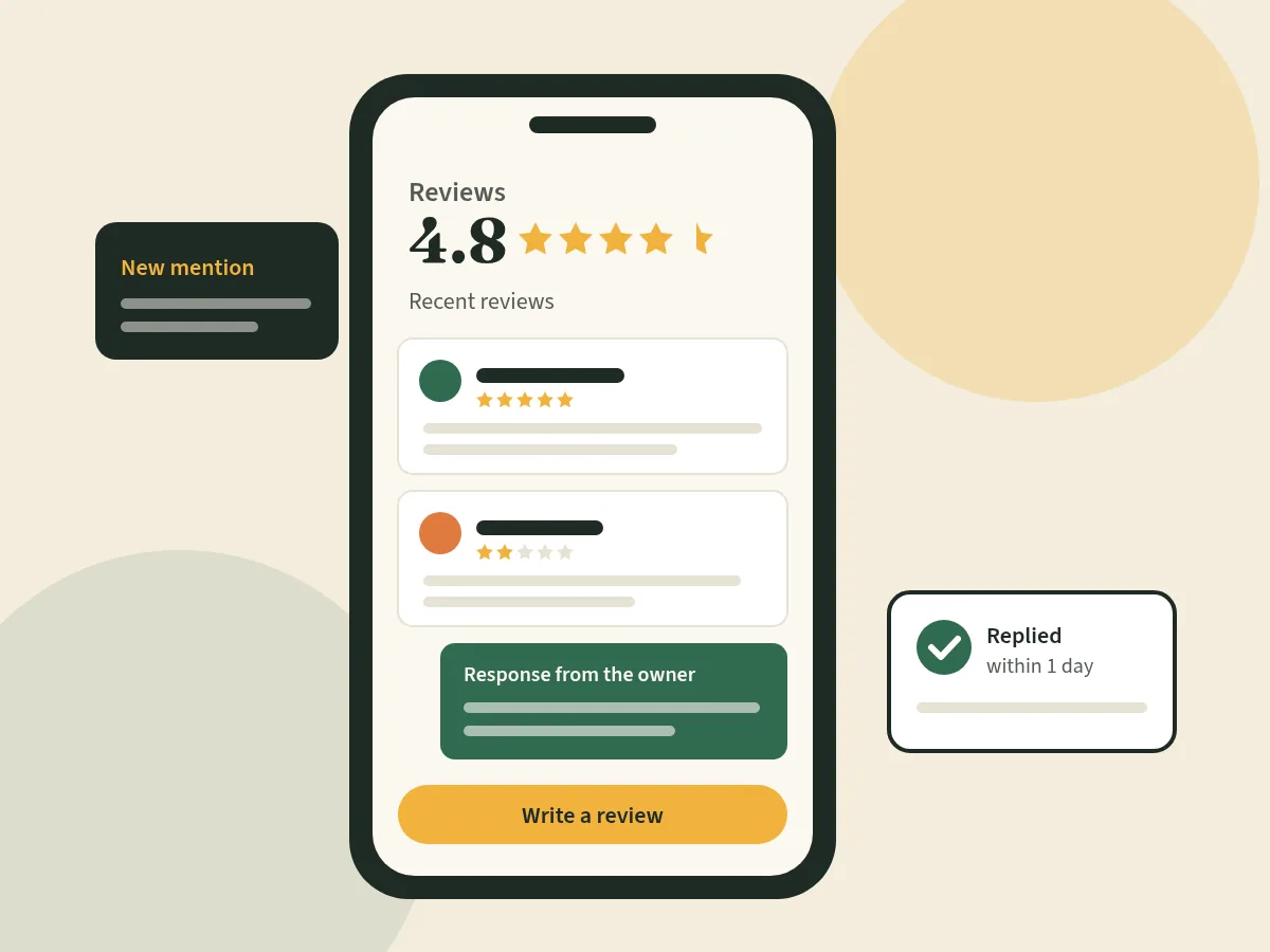A phone showing a business's review page with recent reviews and an owner reply, next to a new-mention alert